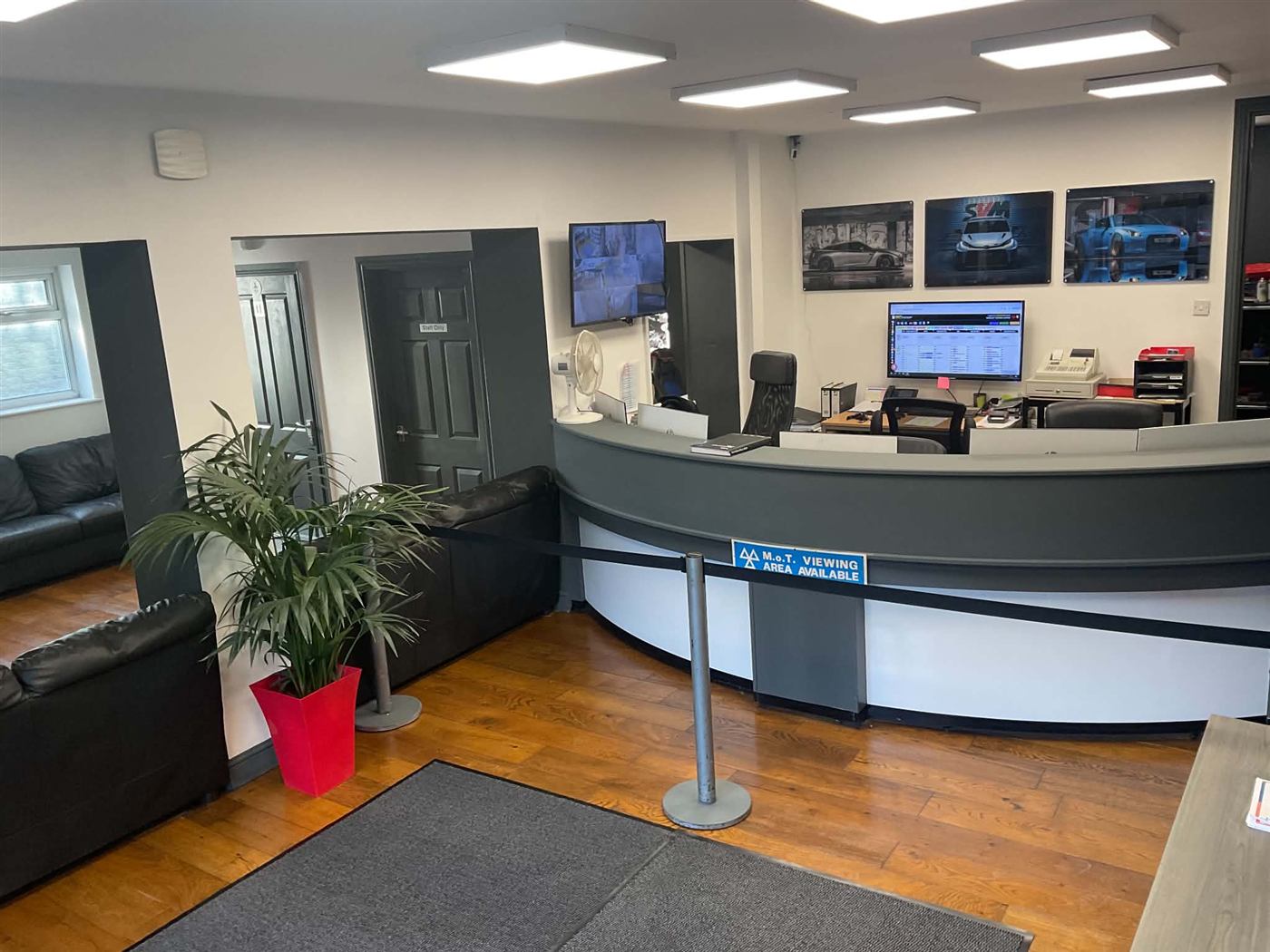 Reception desk and seating at The Mill, Severn Valley Motorsport, Telford